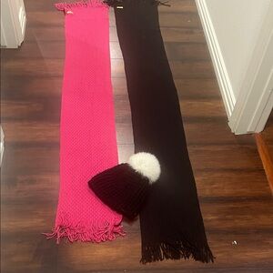 Echo Pink and Black Scarf with White Pom-Pom Beanie